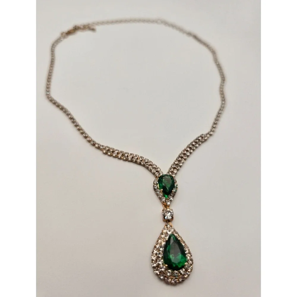 Emerald Green Teardrop‎ Rhinestone Necklace Gold Prom Bridal Pageant Formal Glam